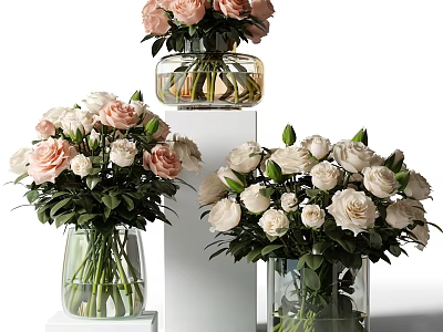 Multiple Transparent Glass Vases With Fresh Pink And White Roses On White Pedestals 3d model