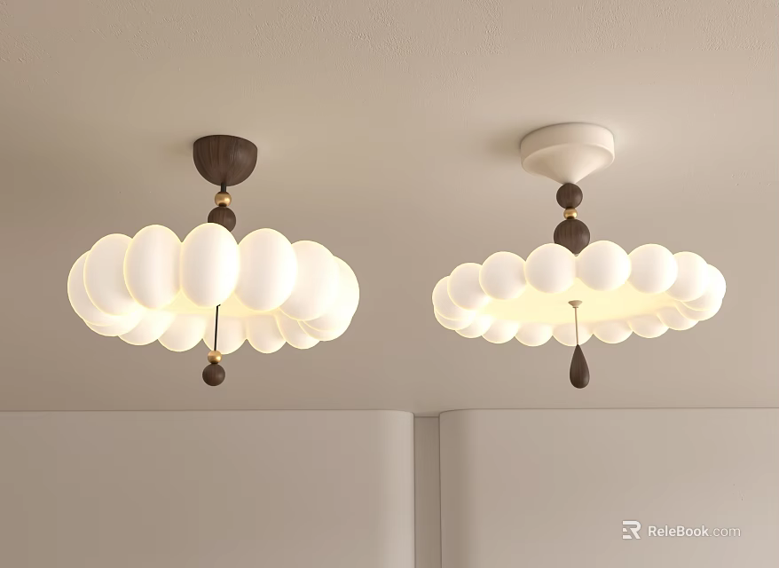 Two Modern Chandeliers With White Spherical Shades And Wooden Details Hanging From Ceiling 3d model 