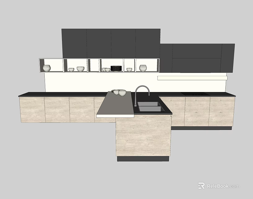 Modern Kitchen Interior With Dark And Light Cabinets Stone Countertop And Island 3d model 