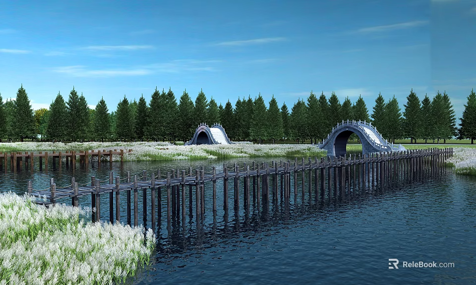 Beautiful Arch Bridge Over River With Green Trees Blue Sky And Wooden Pier 3d model 