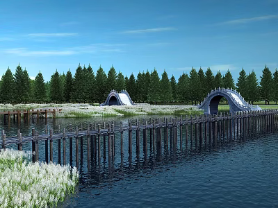 Beautiful Arch Bridge Over River With Green Trees Blue Sky And Wooden Pier 3d model