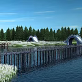 Beautiful Arch Bridge Over River With Green Trees Blue Sky And Wooden Pier
