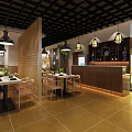 Modern Restaurant Interior With Pendant Lights Wooden Partitions Green Plants And Tables