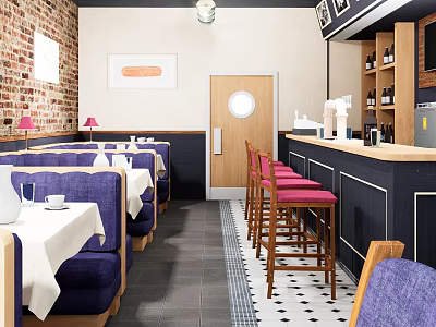 Cozy Restaurant Interior With Brick Walls Purple Booths White Tablecloths Bar Counter And Red Stools 3d model