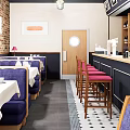 Cozy Restaurant Interior With Brick Walls Purple Booths White Tablecloths Bar Counter And Red Stools