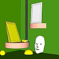 Perfume Cosmetics Display On Golden Shelves With Green Background White Mask And Decorative Balls