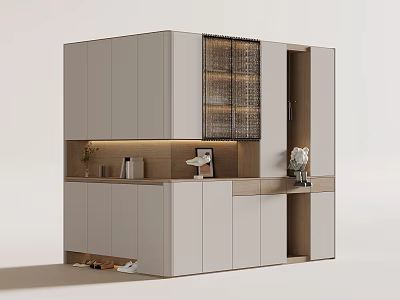 Modern White And Light Wood Shoe Cabinet With Multiple Doors Open Shelves And Decorative Items 3d model