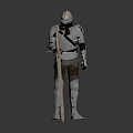Standing Armored Knight Character Wearing Steel Armor Holding Long Sword in Gray Background