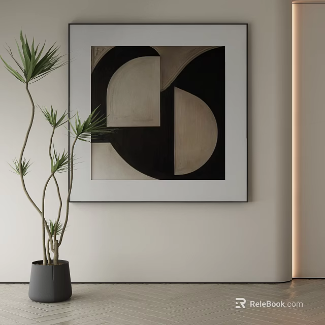 Black And White Abstract Painting With Geometric Shapes On Minimalist Wall Beside Potted Plant 3d model 