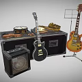 Musical Instrument Collection with Electric Guitars Drum Amplifier Music Stand and Cases