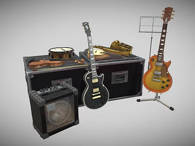 Musical Instrument Collection with Electric Guitars Drum Amplifier Music Stand and Cases 3d model