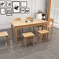 Modern Wooden Dining Table Set With Chairs Stools And Decorative Vase