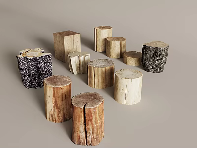 Tree Stump Wooden Stools With Various Sizes And Natural Wood Texture 3d model
