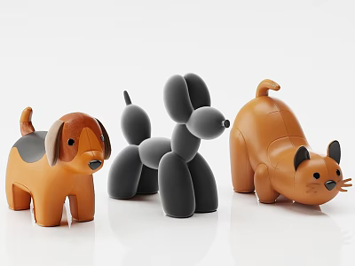 Cute Plastic Animal Toys Including Brown Dog Gray Balloon Dog And Orange Cat 3d model