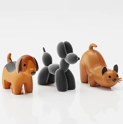 Cute Plastic Animal Toys Including Brown Dog Gray Balloon Dog And Orange Cat 3d model