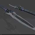 Dual Fantasy Spear Weapons With Sharp Blades Blue Accents And Metallic Components