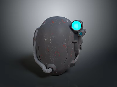 Gray Worn Texture Helmet With Blue Glowing Light And Connecting Tubes 3d model