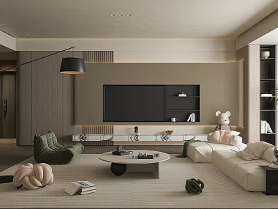 Modern Living Room Interior With Beige Sofa TV Wall Round Coffee Table And Decorations 3d model