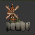 Detailed Wooden Windmill Model On Rock Base With Small Trees And Grass