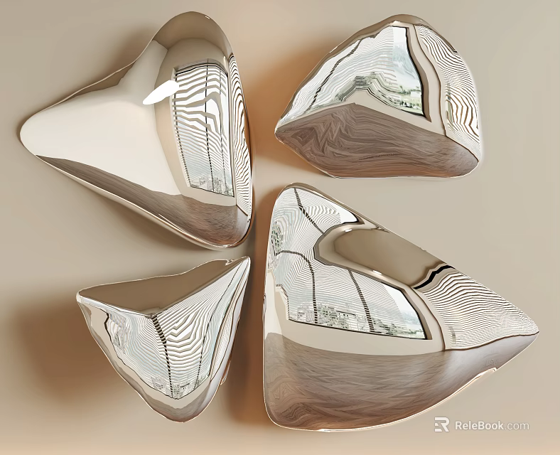 Modern Wall Decor with Geometric Metal Shapes and Curved Reflective Surfaces 3d model 