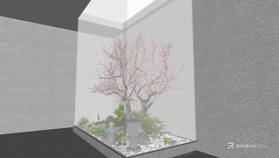 Tranquil Courtyard Garden With Pink Flowering Tree Stone Statue Green Plants And White Gravel 3d model 