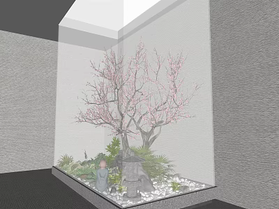 Tranquil Courtyard Garden With Pink Flowering Tree Stone Statue Green Plants And White Gravel 3d model