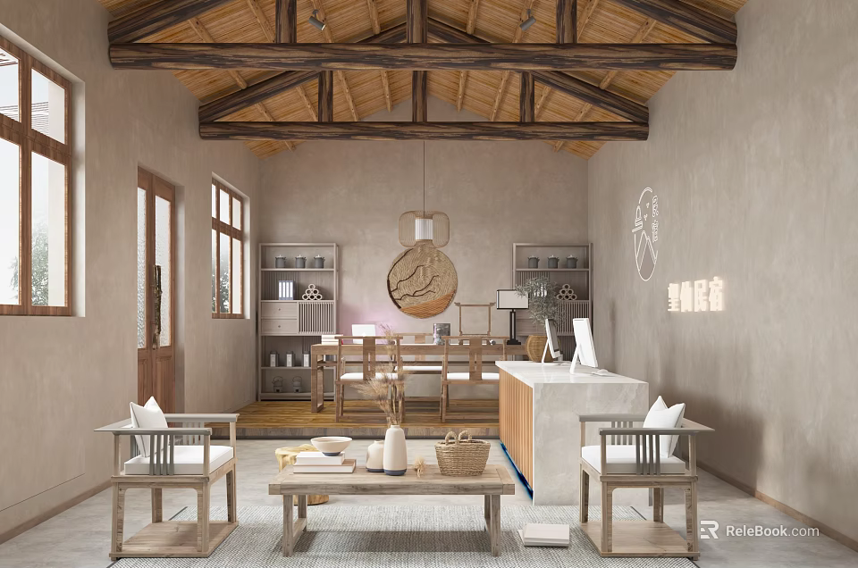 Rustic Interior Design With Wooden Ceiling Open Shelves Circular Decor And Dining Table 3d model 