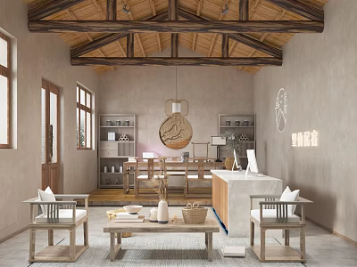 Rustic Interior Design With Wooden Ceiling Open Shelves Circular Decor And Dining Table 3d model
