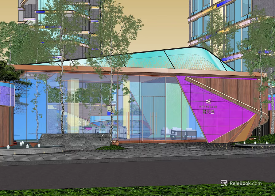 Modern Detached Villa With Glass Curtain Wall Colored Glass Wooden Structure And Trees 3d model 