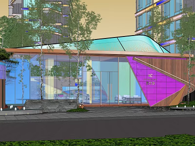 Modern Detached Villa With Glass Curtain Wall Colored Glass Wooden Structure And Trees 3d model