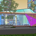 Modern Detached Villa With Glass Curtain Wall Colored Glass Wooden Structure And Trees