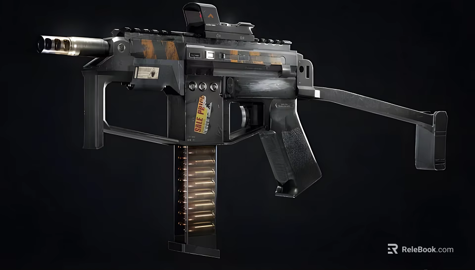 Tactical Submachine Gun With Magazine Scope Black Body And Wooden Grip 3d model 