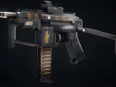 Tactical Submachine Gun With Magazine Scope Black Body And Wooden Grip 3d model