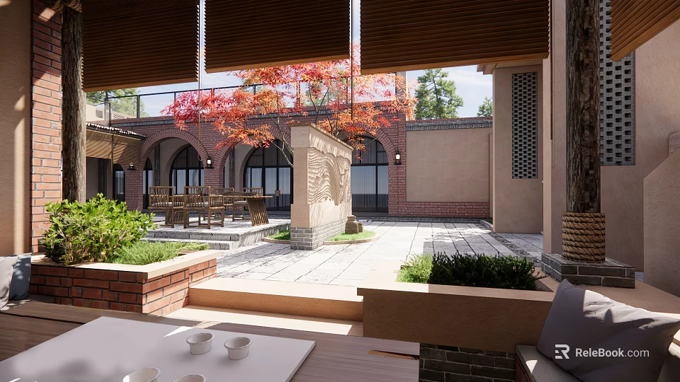 Traditional Garden Landscape Design With Red Maple Tree Archway Stone Pavement And Seating Area 3d model 