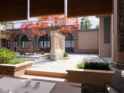 Traditional Garden Landscape Design With Red Maple Tree Archway Stone Pavement And Seating Area 3d model
