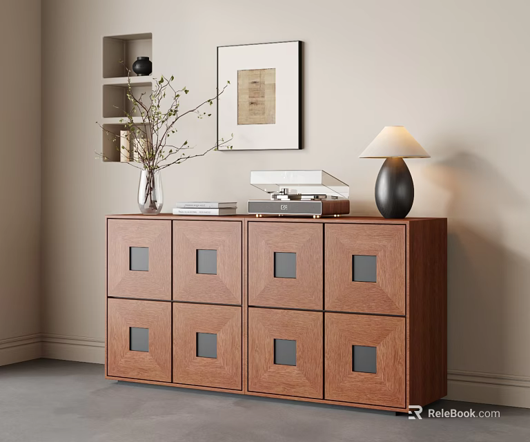Wooden Entryway Cabinet Sideboard Square Panel Drawers With Decorative Vase Table Lamp Books Wall Art 3d model 