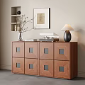 Wooden Entryway Cabinet Sideboard Square Panel Drawers With Decorative Vase Table Lamp Books Wall Art