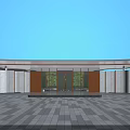 Modern Entrance Gate With White Walls Wooden Elements Glass Doors Paved Plaza And Blue Sky