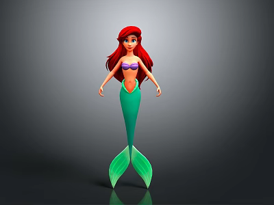 Little Mermaid Character With Red Hair Purple Top And Green Tail On Gray Background 3d model