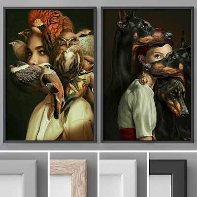 Surreal Oil Paintings Featuring Woman With Birds Owl And Doberman Dogs 3d model