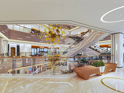 Modern Shopping Mall Lobby With Golden Decorative Chandelier Spiral Staircase And Marble Floor 3d model