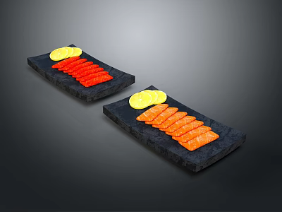 Fresh Salmon Slices Arranged on Black Stone Plates with Lemon Slices 3d model
