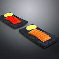 Fresh Salmon Slices Arranged on Black Stone Plates with Lemon Slices