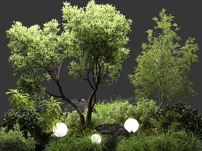 Lush Arbor Trees Surrounded by Shrubs Grass Rocks and Illuminated Globes 3d model