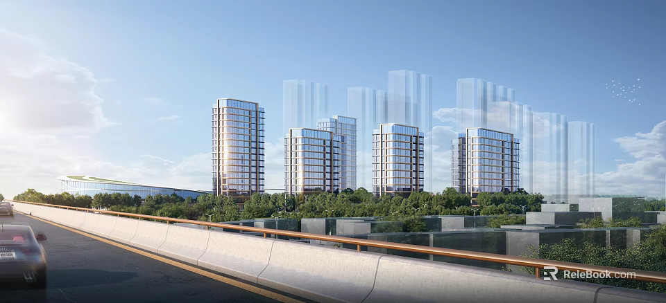 Modern High Rise Residential Building Exterior With Glass Curtain Walls Green Belt And Road 3d model 