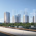 Modern High Rise Residential Building Exterior With Glass Curtain Walls Green Belt And Road