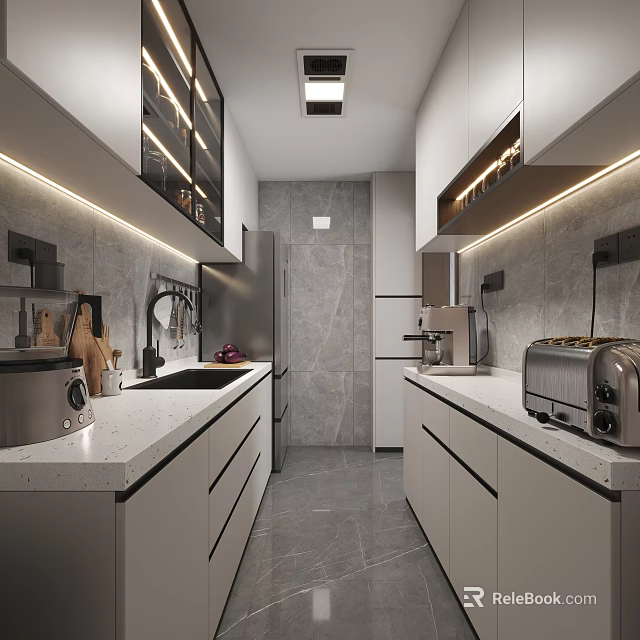 Modern Kitchen Interior With White Cabinets Gray Countertops LED Lights And Appliances 3d model 