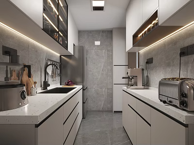 Modern Kitchen Interior With White Cabinets Gray Countertops LED Lights And Appliances 3d model
