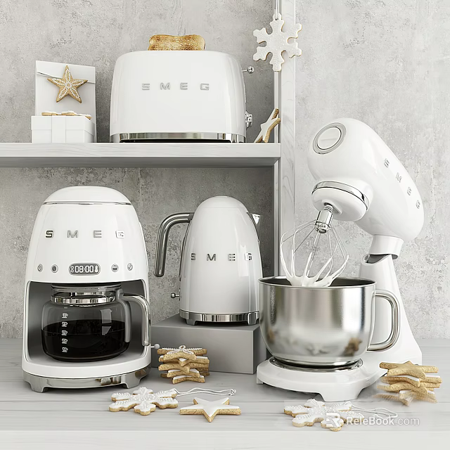 Stylish White SMEG Kitchen Appliances Coffee Maker Kettle And Stand Mixer In Modern Kitchen Setting 3d model 