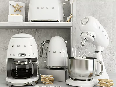 Stylish White SMEG Kitchen Appliances Coffee Maker Kettle And Stand Mixer In Modern Kitchen Setting 3d model